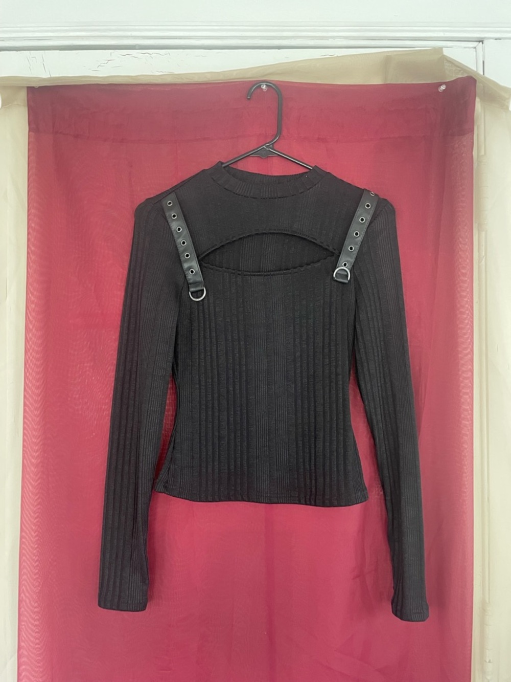 Killstar Black Ribbed Long Sleeve Top with Grommet Strap Detail